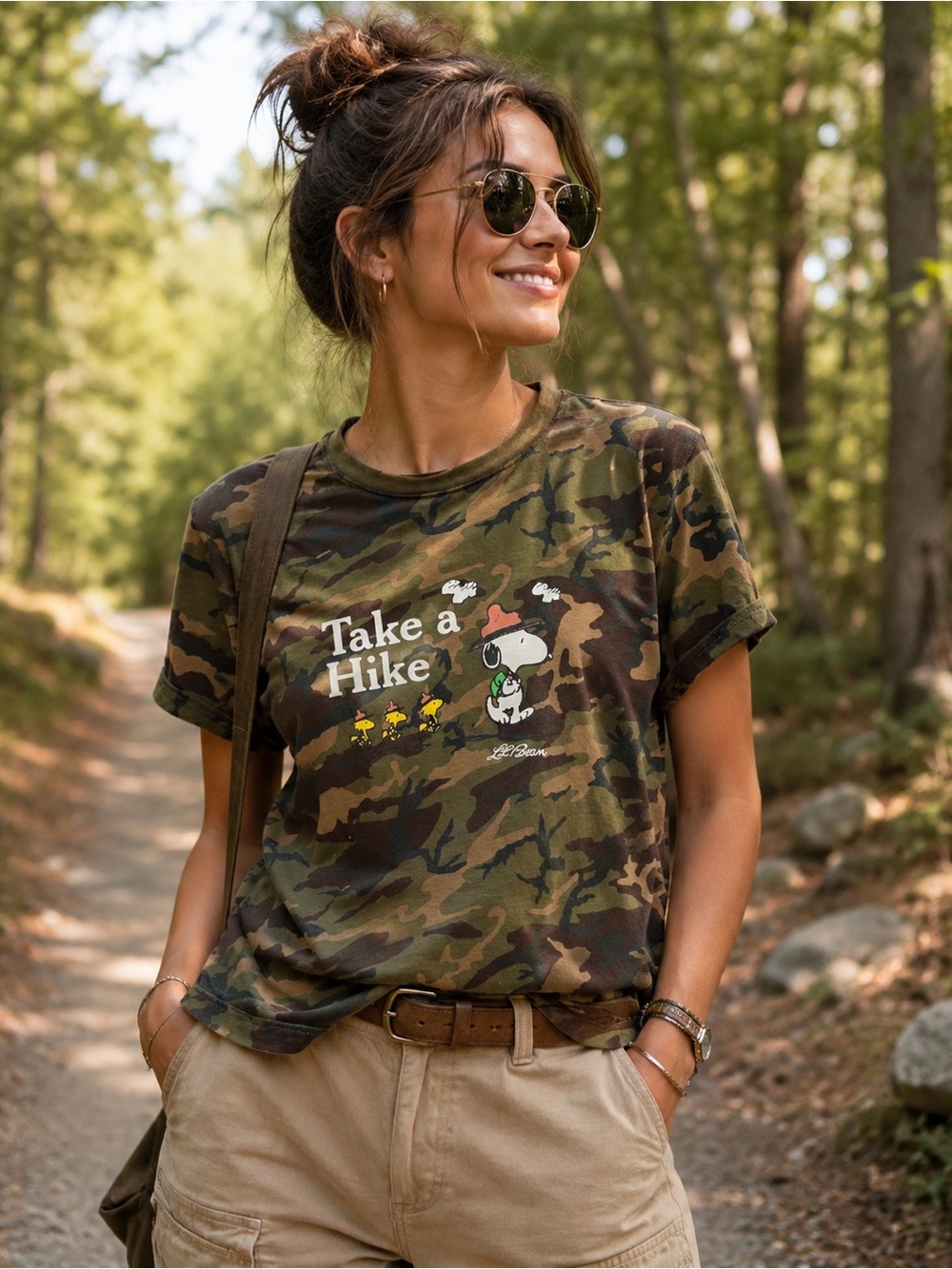 L.L.Bean x Peanuts “Take a Hike” Camo Graphic Tee Snoopy Hiking Shirt Size XL